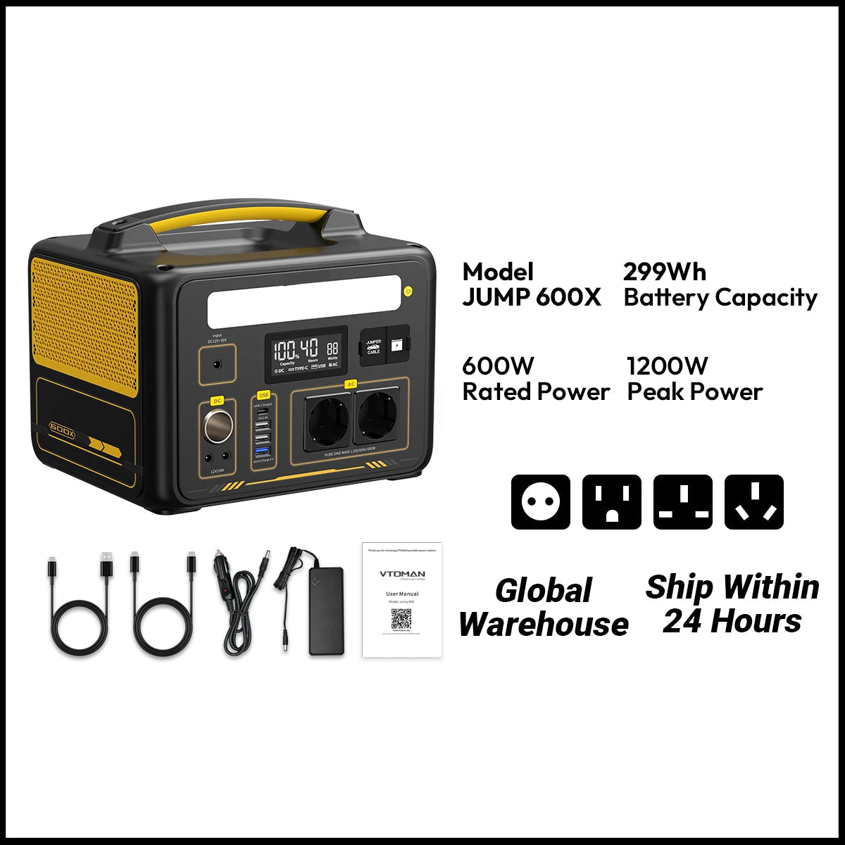 Portable Power Station 299Wh 600W LiFePO4 Battery Emergency Backup Power Supply – Grey