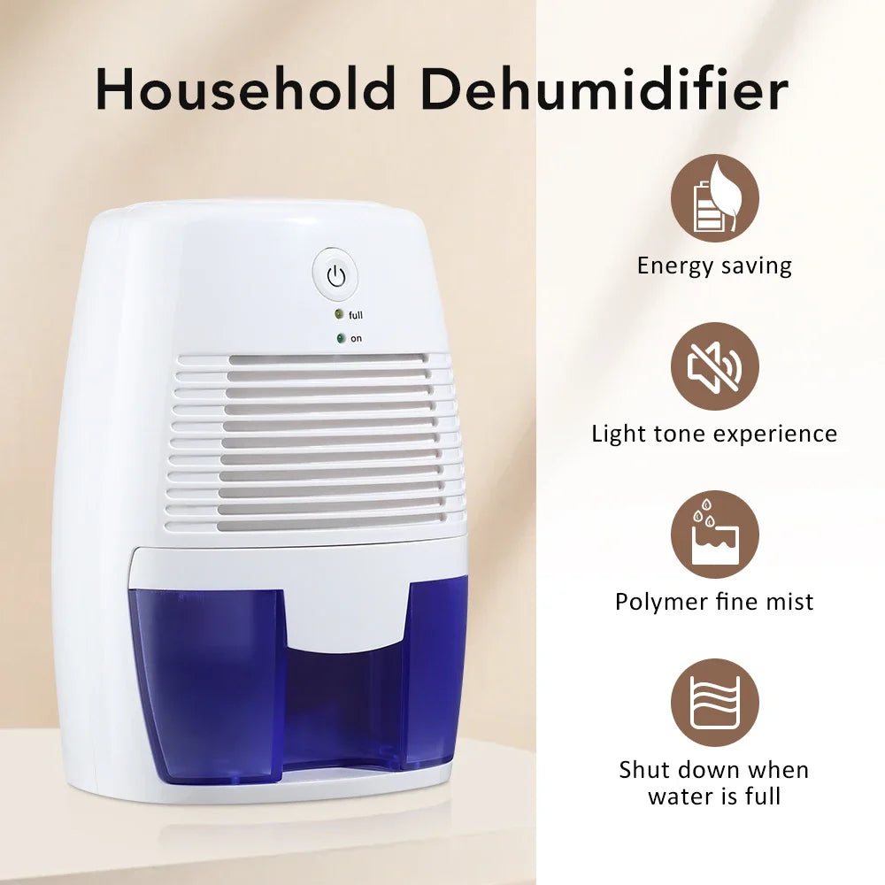 Dehumidifier Portable USB 500mL Compact Moisture Absorber 21.5cm Quiet Desktop Air Dryer