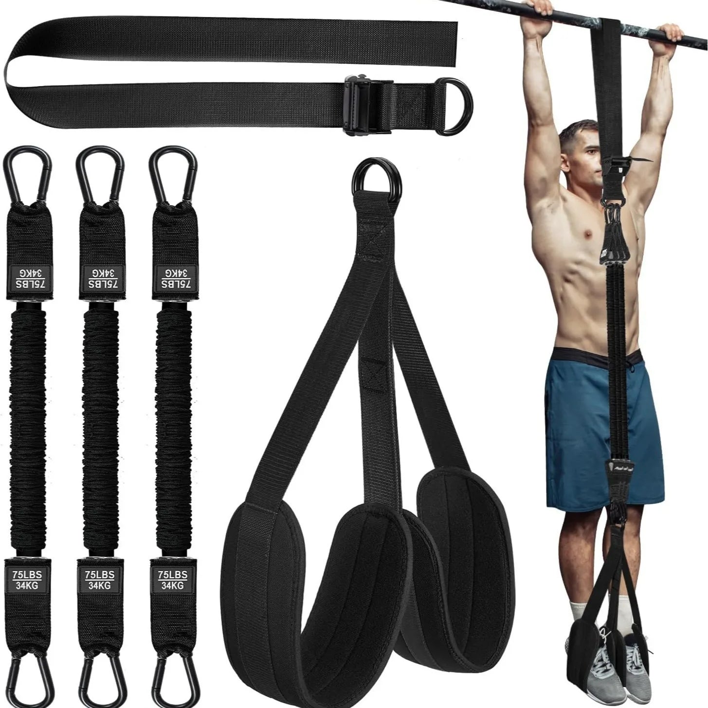 Pull Up Assistance Bands Set Adjustable Resistance Strap Training Kit Portable Workout System - Black