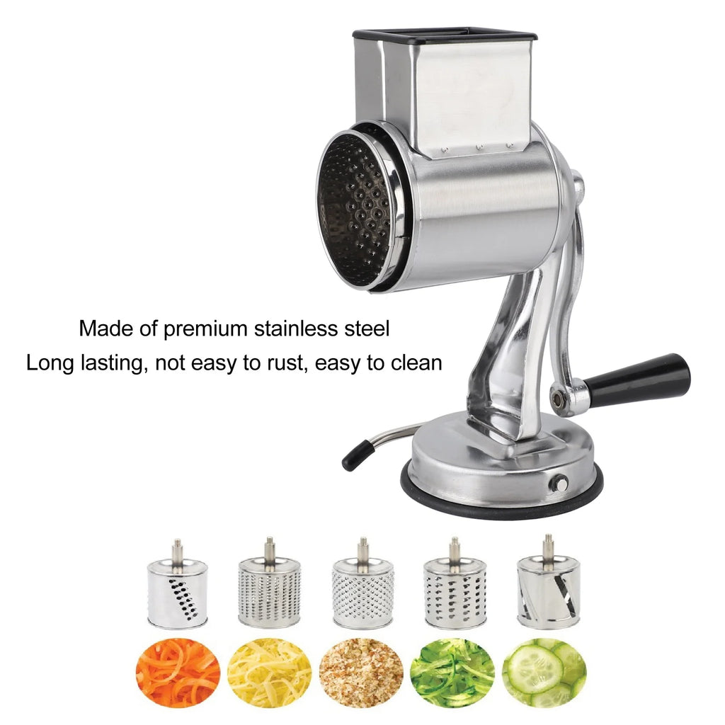 Manual Cheese Grater Stainless Steel Hand Crank Shredder with 5 Blades - Silver