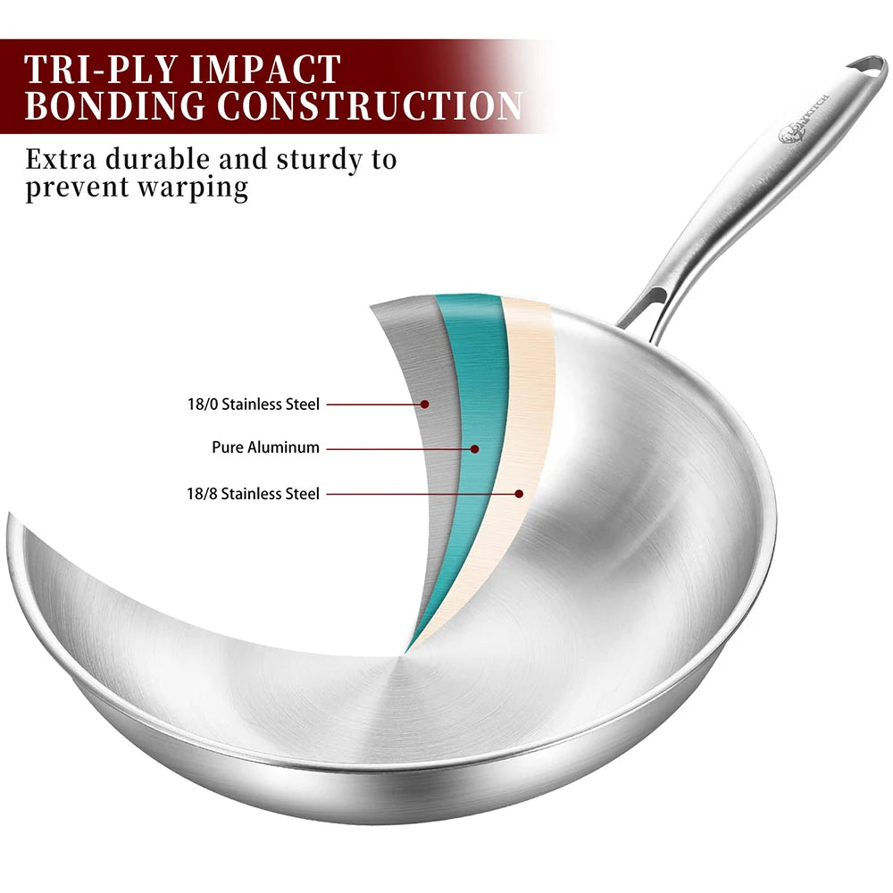 Wok 34cm Tri-Ply Stainless Steel Stir Fry Cooking Pan Glass Lid