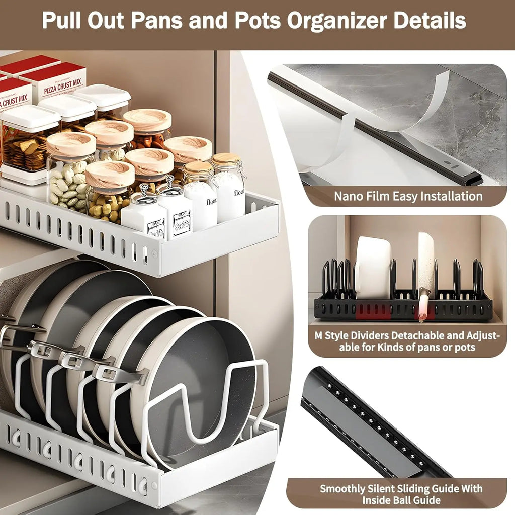 Pull Out Pots and Pans Organizer with Adjustable Dividers Stainless Steel Under Cabinet Storage - White