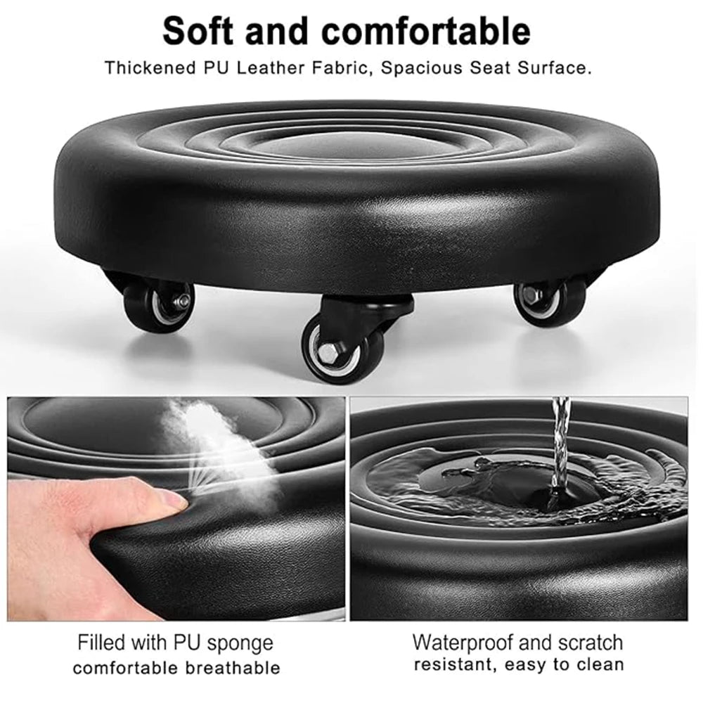 Low Rolling Stool with Universal Wheels PU Leather Cushioned Swivel Seat for Home Garage and Salon – Blue