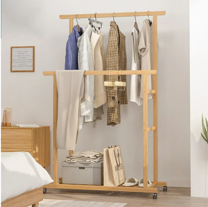 Bamboo Clothes Rack with Double Hanging Rails Rolling Garment Stand with Storage Shelf and Side Rail – Natural Wood