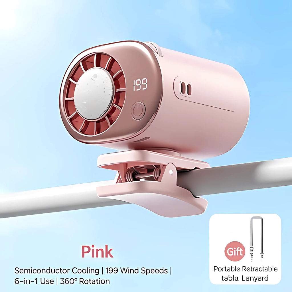 Mini Portable Clip Fan 360° Adjustable USB Rechargeable Car & Outdoor Cooling Fan – Pink