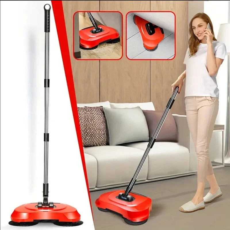 Hand Push Sweeper 360° Rotating Floor Cleaner with Adjustable Handle Manual Cleaning Tool - Red