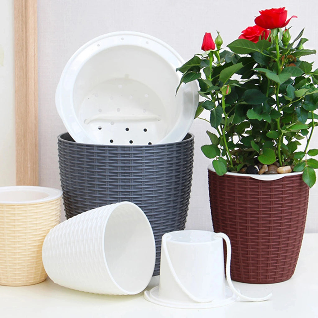 Brick Pattern Tall Flower Pot 27.2cm Plastic Planter With Self-Watering Cotton Rope – White