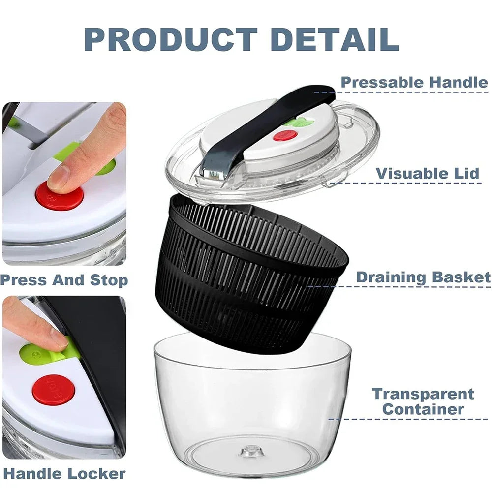 Salad Spinner 3L Multifunction Vegetable Dryer Lettuce Washer Kitchen Spinner – Black