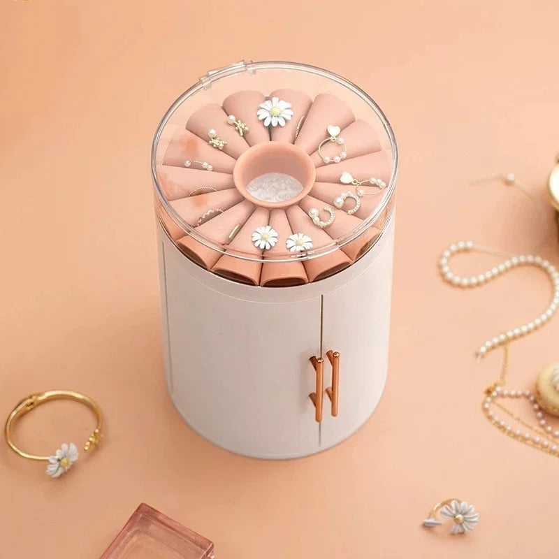 Rotating Jewelry Storage Box Desktop Organizer with Transparent Lid Multi-Layer Cosmetic and Accessories Holder – White