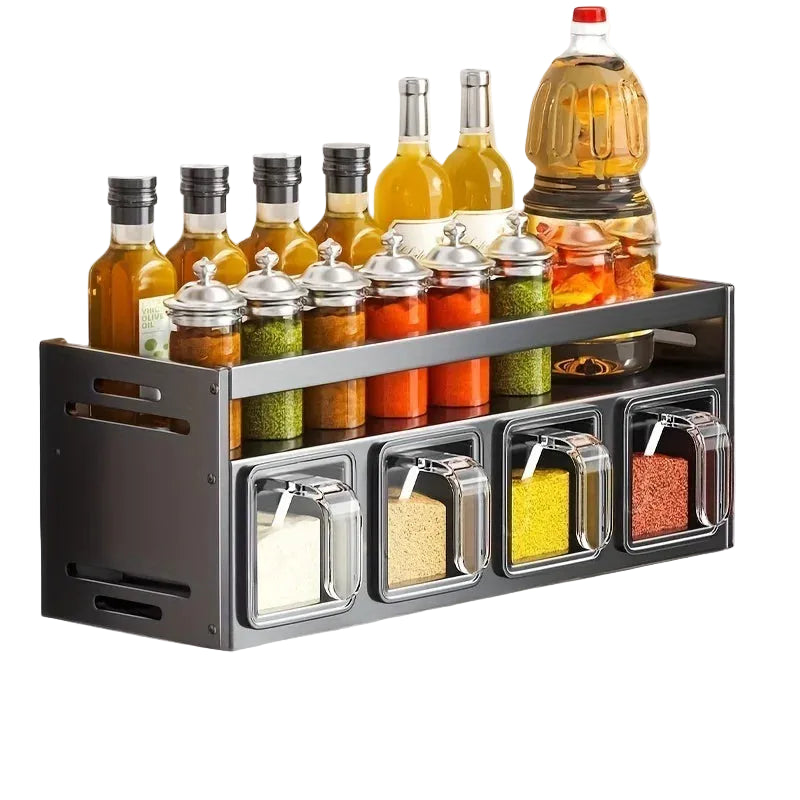 Wall Mounted Kitchen Spice Rack Set with Sealed Containers and Dispensers No Drilling Required