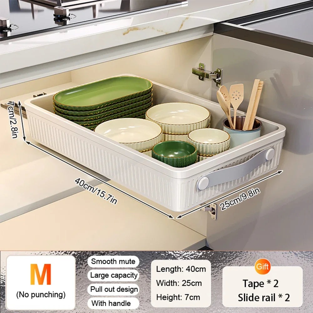Kitchen Sliding Cabinet Shelf – Pull-Out Storage Tray with Slide Rails – Drawer Organizer for Pantry, Dishes, and Bowls – 1pc M