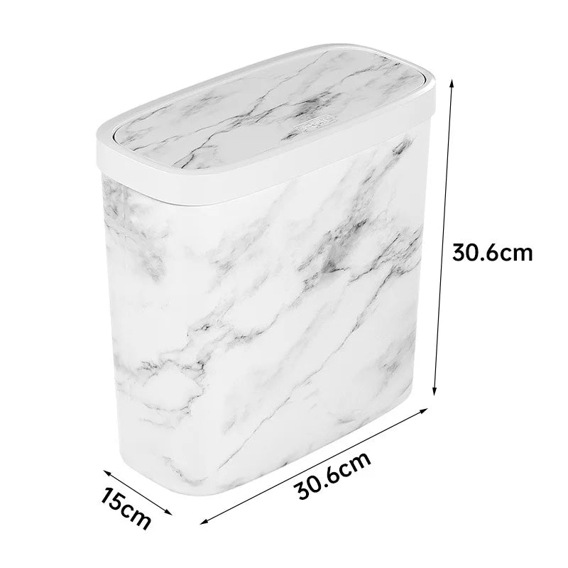 Slim Trash Can Wood Grain Design Swing Lid Compact Garbage Bin for Bathroom Kitchen White