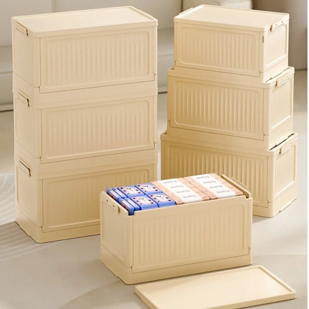Storage Box with Lid 49 × 27 × 26.5 cm Foldable Stackable PP Organiser - Beige