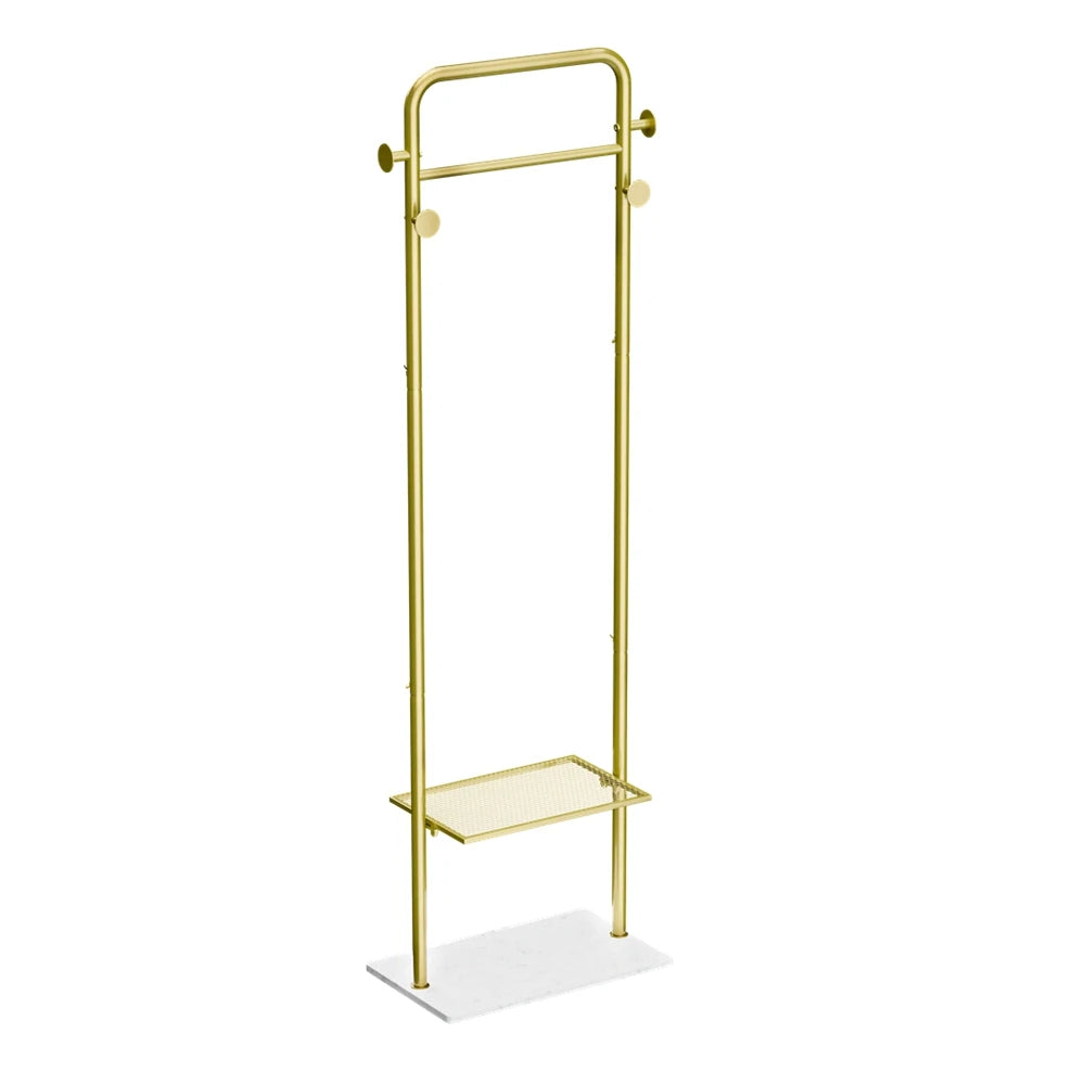 Coat Rack Stand 175cm Metal Corner Hall Tree with Marble Base 4 Hooks 2 Tier Shelf - Gold