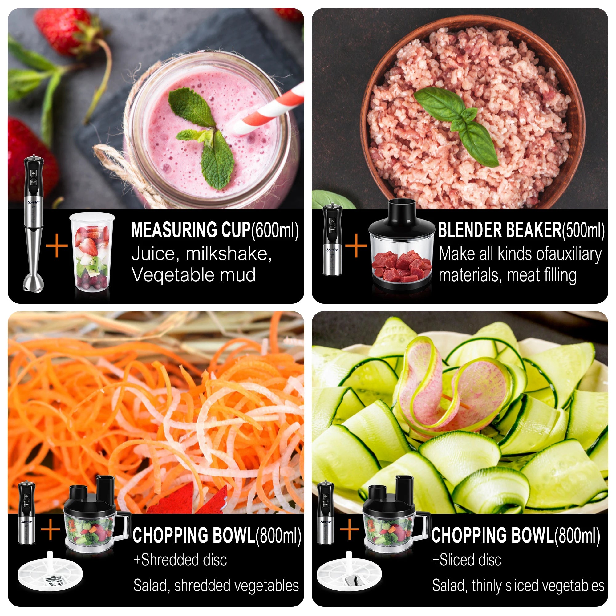 Stick Blender 800W Multi Food Processor Variable Speed Chopping Bowl Set – Stainless Steel