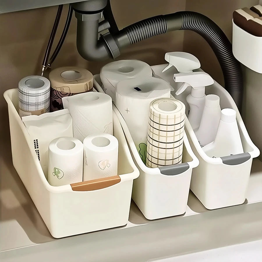 2 Pack Under Sink Storage Organiser Bins with Pull-Out Wheels Plastic Cabinet Basket – Beige