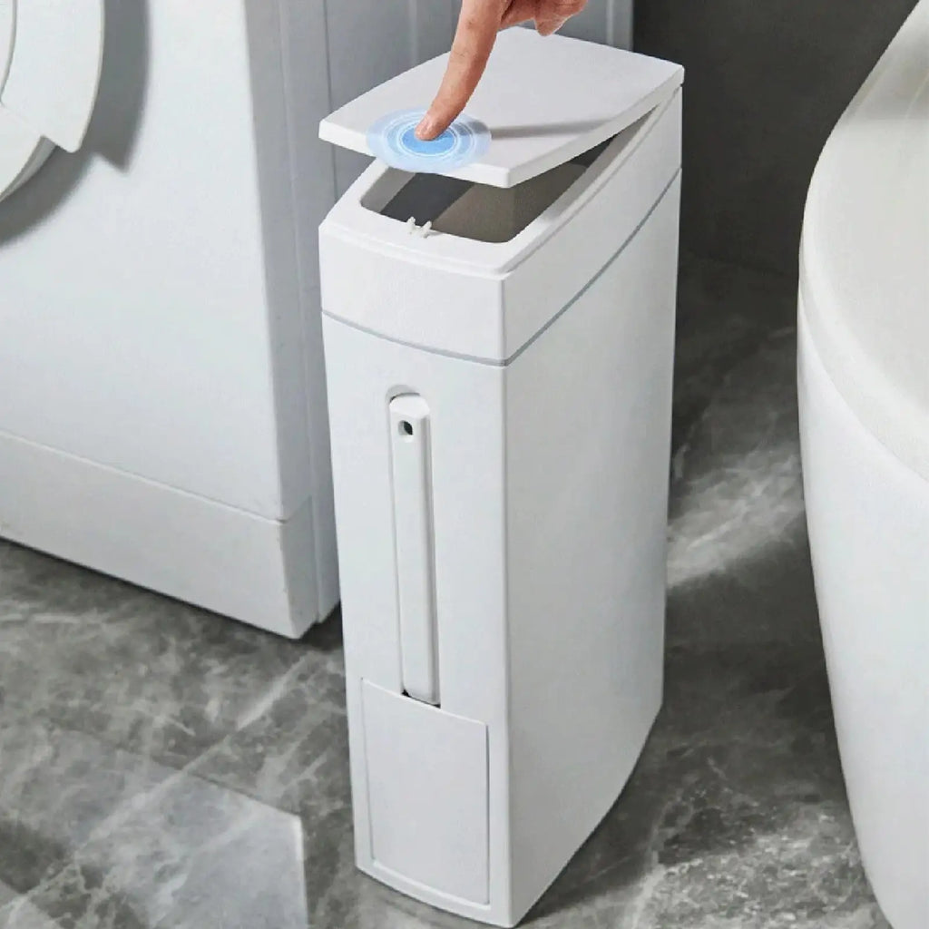 Bathroom Trash Can and Toilet Brush Combo 4.5L Slim Design with Lid Space Saving Set White