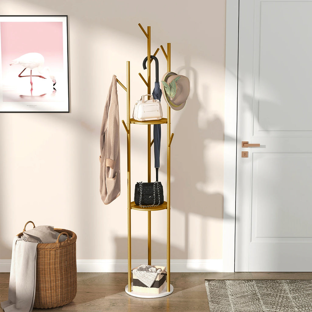 Coat Rack Stand 172cm Metal Hall Tree with Marble Shelf 9 Hooks Freestanding - Gold