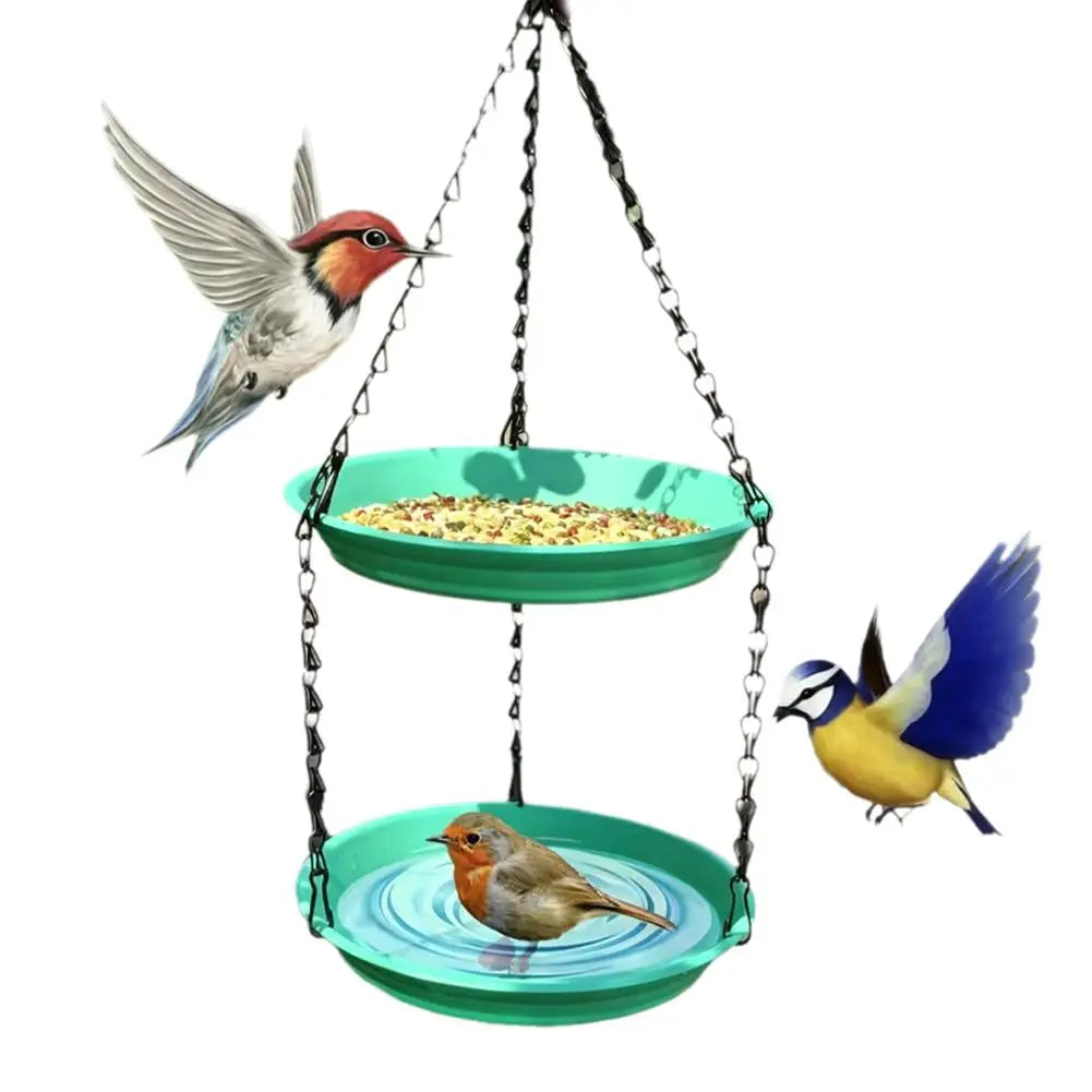 Outdoor Hanging Bird Bath and Double-Tier Bird Feeder Dish with Water Bowl and Chain – Green
