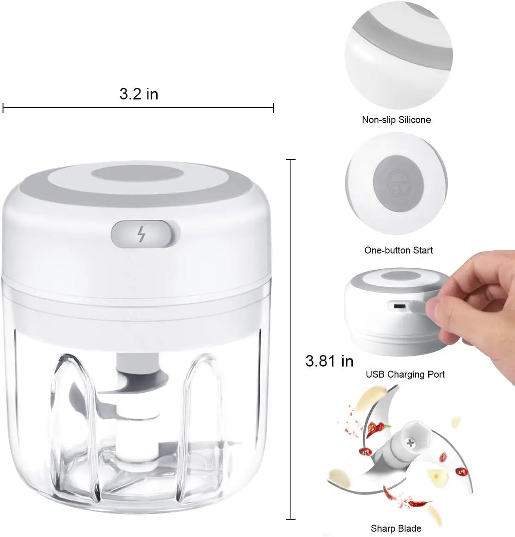 Electric Mini Garlic Chopper USB Rechargeable Food Processor Vegetable Onion Mincer – White