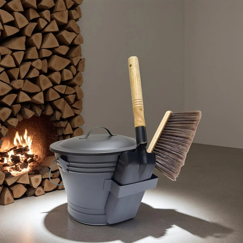 Ash Bucket 18cm Metal Fireplace Collection Can with Lid Shovel and Broom Set