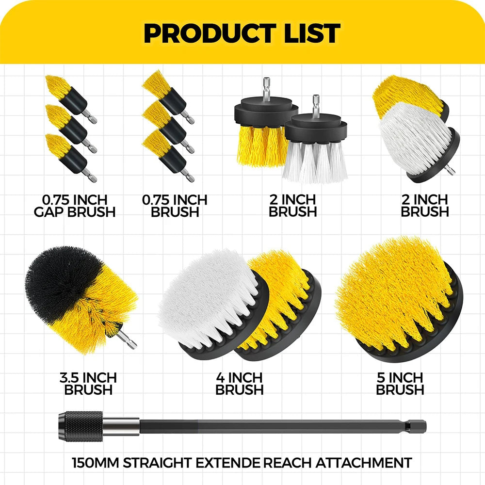 Drill Brush Attachment Set 15pcs Power Scrubber Cleaning Kit with Extension Rod - 15 Pcs