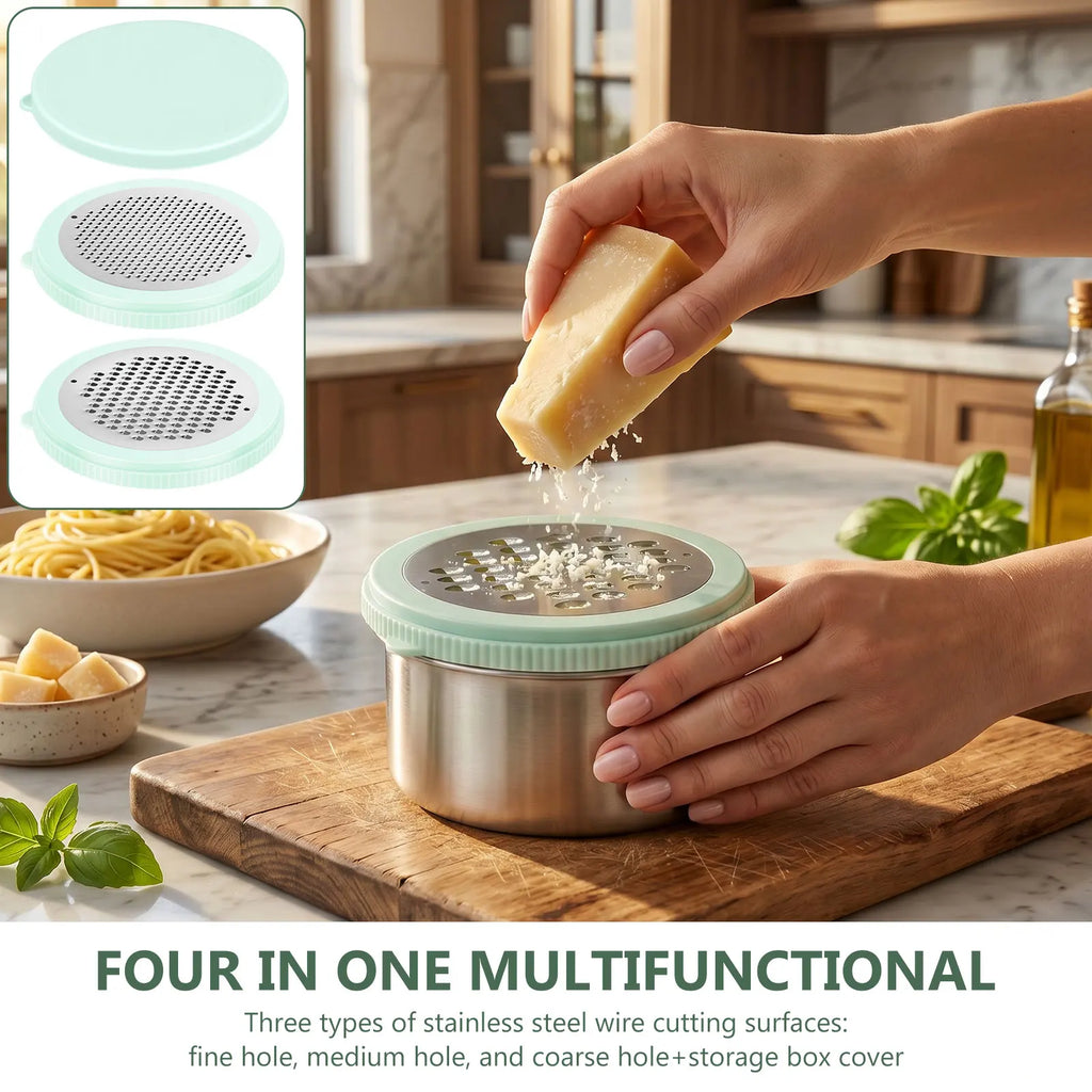 4-in-1 Cheese Grater Stainless Steel Food Shredder With Container – Green