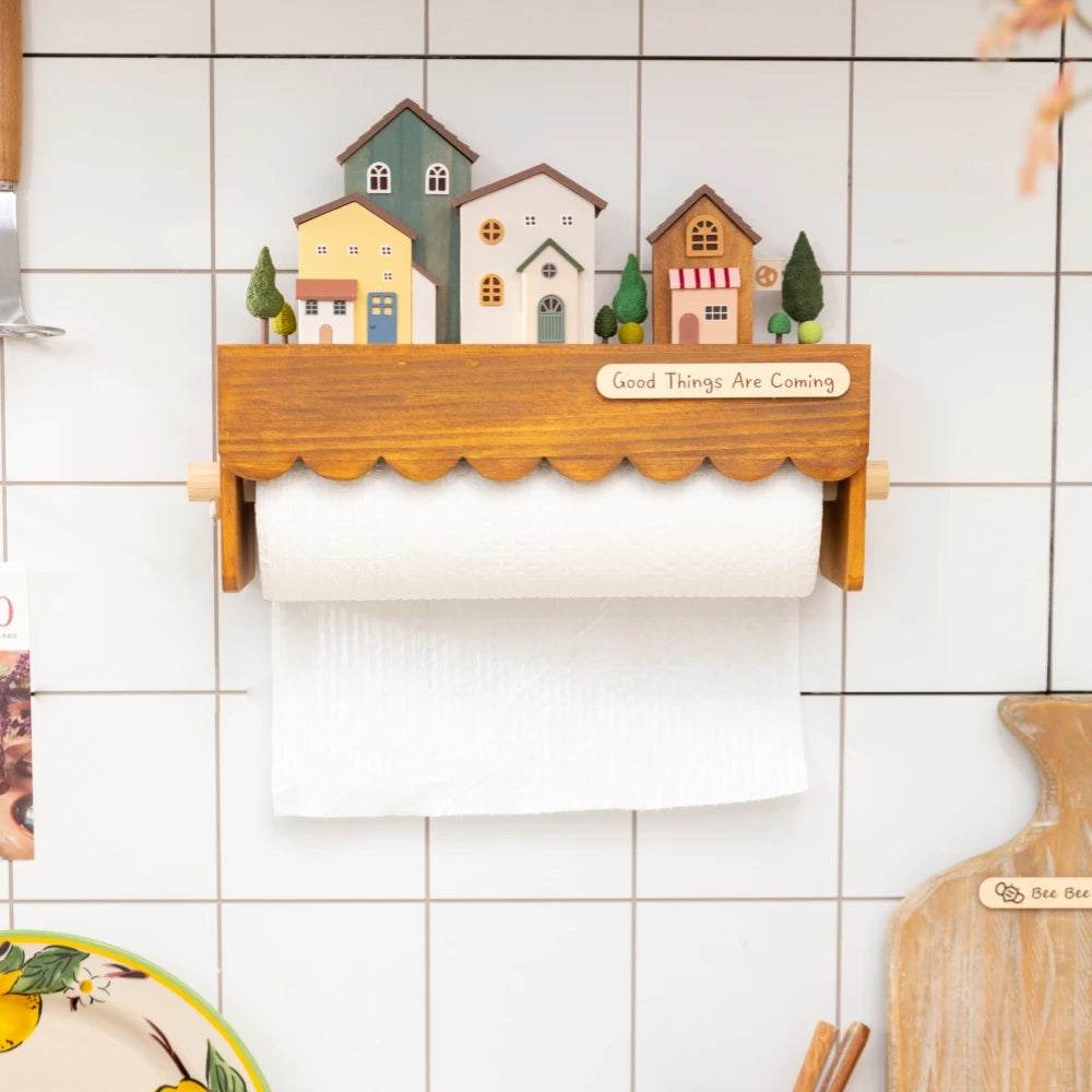 Wooden Paper Towel Holder Wall Mounted Kitchen Storage Rack with Display Shelf and Hanging Rod
