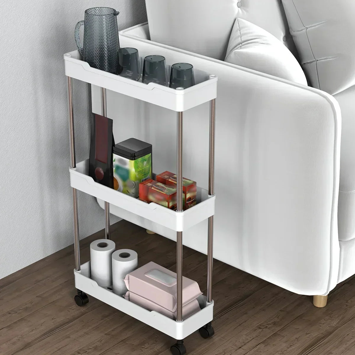 3 Tier Slim Rolling Storage Cart Utility Trolley with Wheels Bathroom Kitchen Organizer – White
