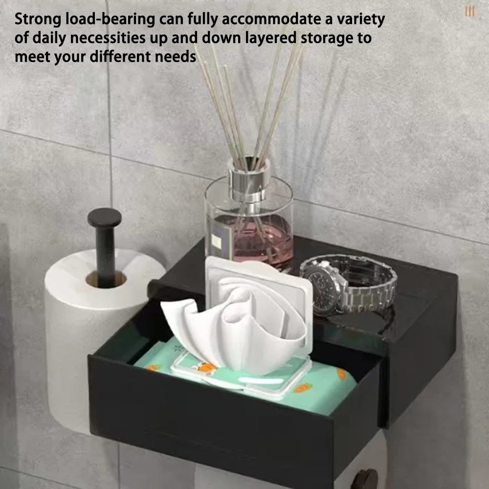Toilet Paper Holder 275mm Wall Mounted Storage Shelf Adhesive Plastic Carbon Steel Dispenser – White