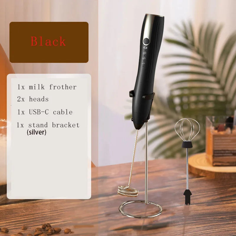 Rechargeable Electric Milk Frother 3 Speed Handheld Whisk with Dual Stainless Steel Heads and Stand – Black