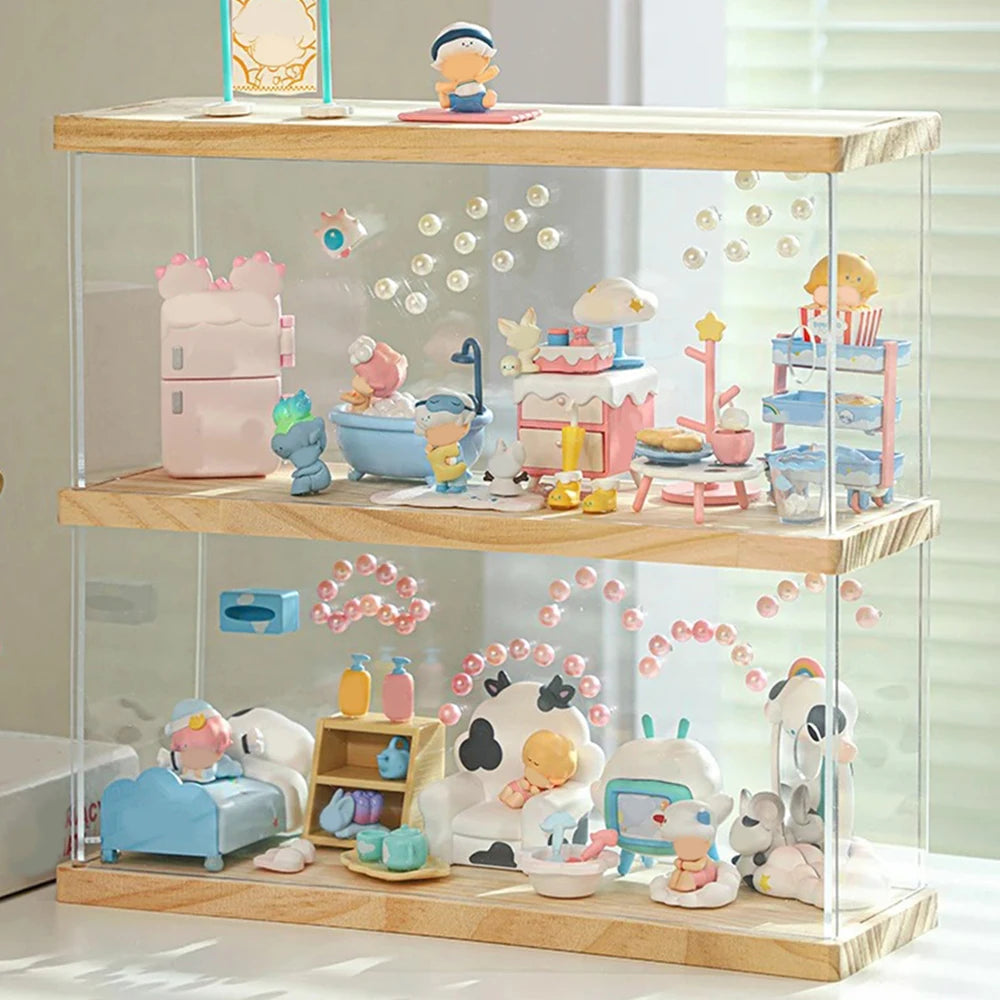 Display Case Acrylic Showcase with Wood Base 2 Tier Figurine Storage Box