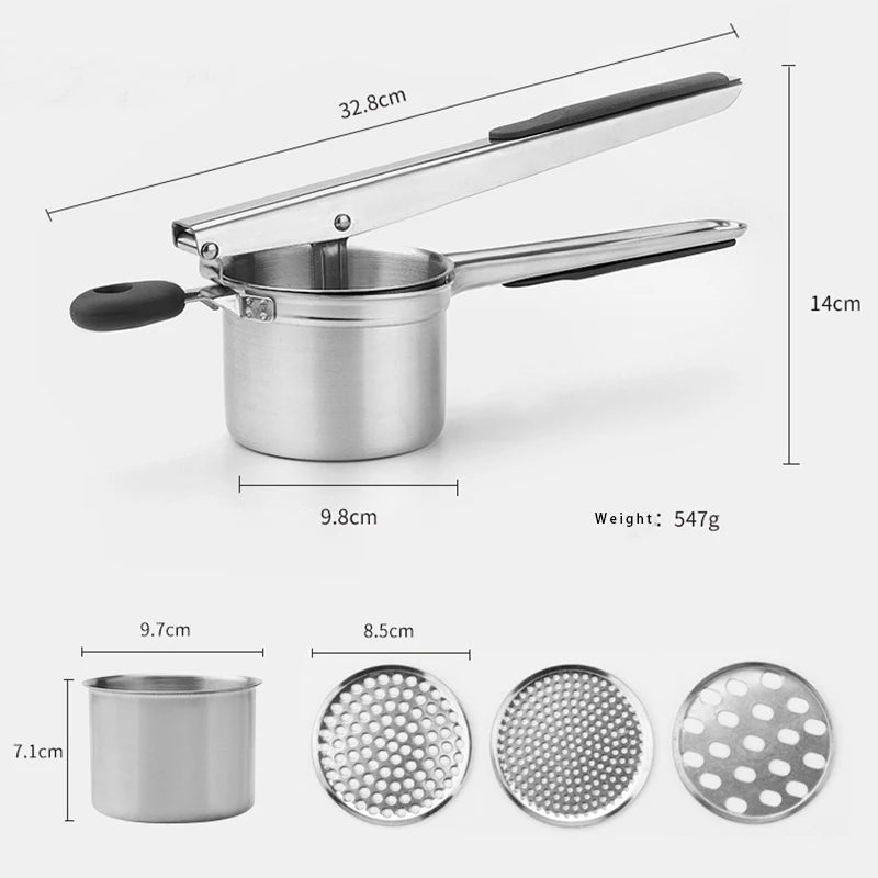 Potato Ricer 9.8cm Stainless Steel Press with 3 Interchangeable Discs Heavy Duty Kitchen Tool