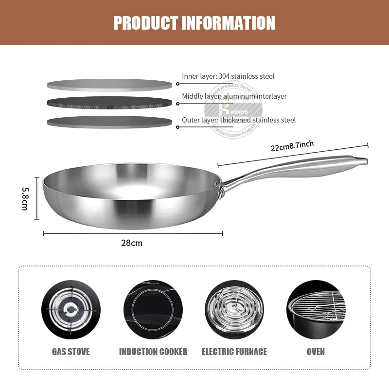 Frying Pan 30cm Stainless Steel Flat Bottom Uncoated Cookware Anti-Scald Handle