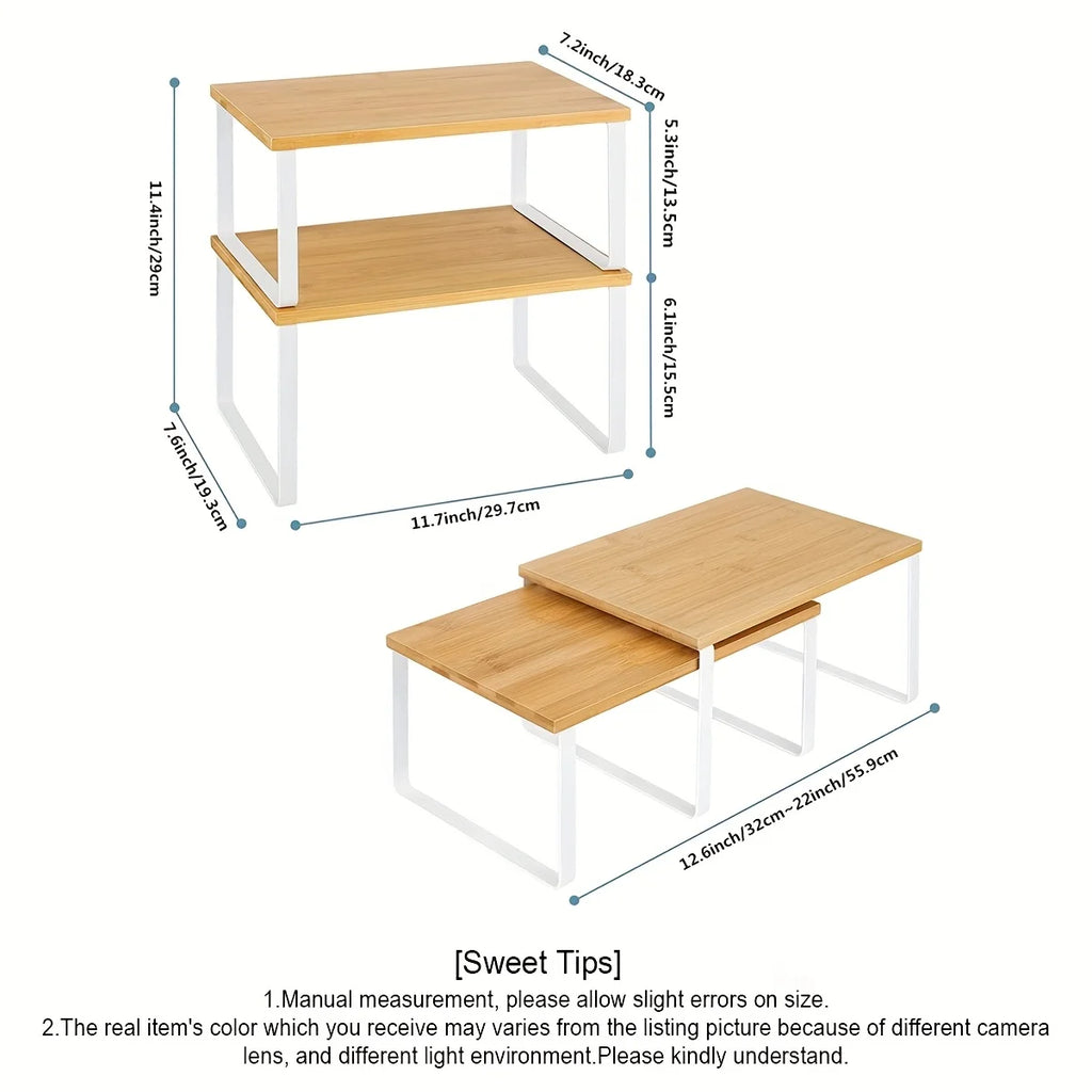 Portable Stackable Kitchen Counter Shelf Organizer Set of 2 Wooden Cabinet Storage Rack - Black