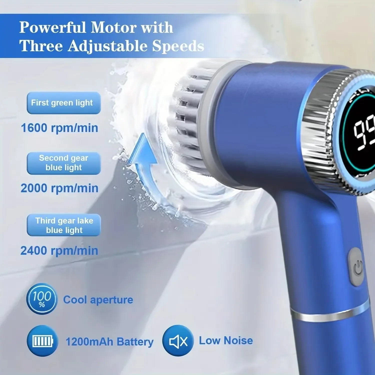 5-in-1 Electric Spin Cleaning Brush USB Rechargeable Cordless Scrubber with LED Display and 5 Brush Heads – Blue