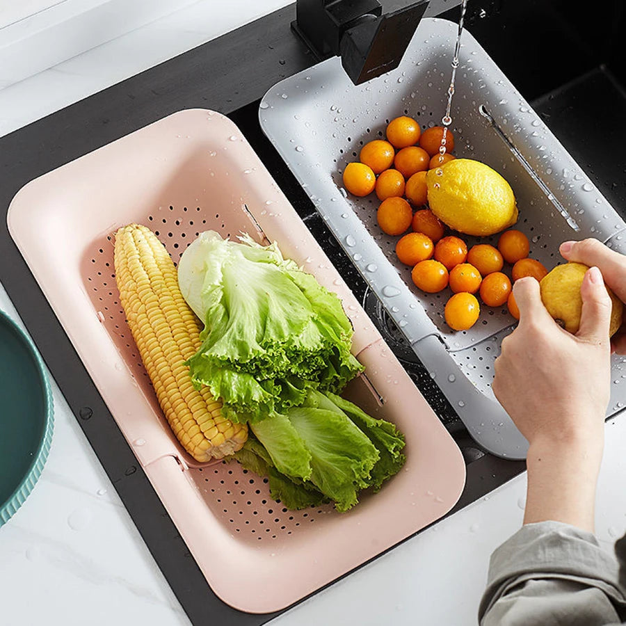 Extendable Over the Sink Colander Strainer Basket for Washing Fruits & Vegetables – Pink