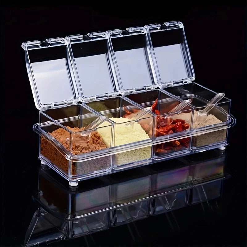 4 Compartment Clear Seasoning Box Spice Storage Container with Lids and Spoons – Transparent