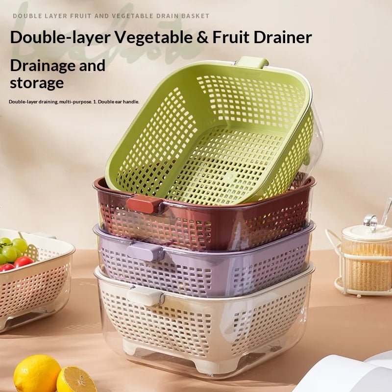 Kitchen Double Drain Wash Basket Large Capacity Fruit and Vegetable Washing Basin with Colander – Green