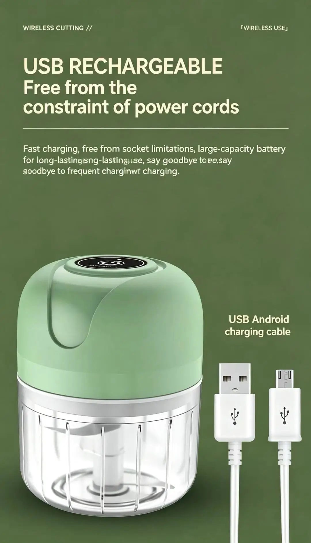 Electric Garlic Chopper 250ml 23W USB Rechargeable Mini Food Processor with Stainless Steel Blade - Green
