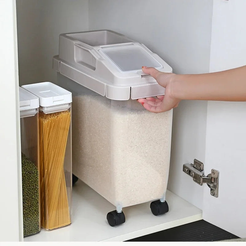 Rice Storage Container 10kg Airtight Kitchen Grain Bin with Wheels – White