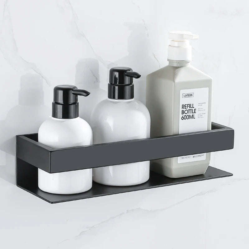 Shower Shelf 50cm Wall Mounted Bathroom Storage Rack Aluminum Shelf with Stainless Steel Bar Black