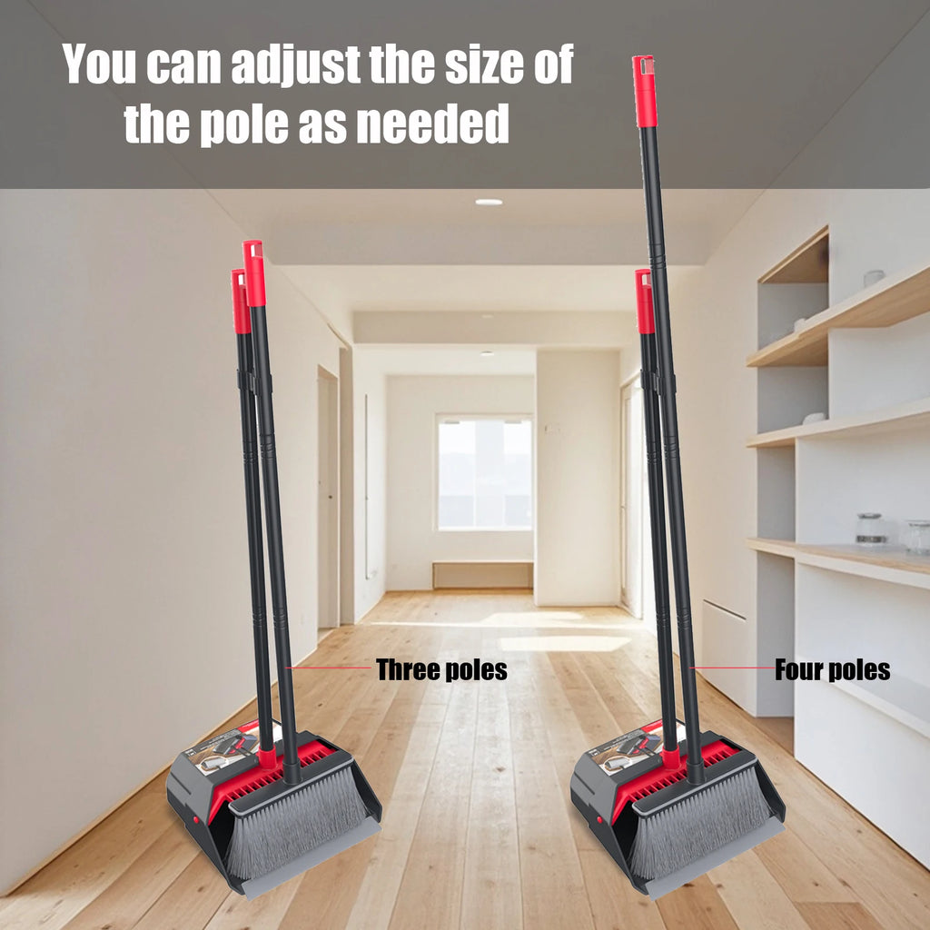 Broom and Dustpan Set Long Handle Adjustable Folding Upright Cleaning Tool - Red