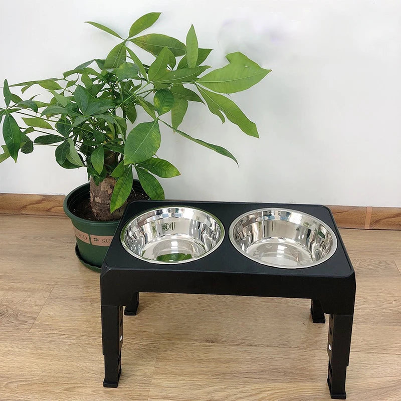 Elevated Dog Feeder Adjustable Raised Stand 2 Stainless Steel Bowls - Black