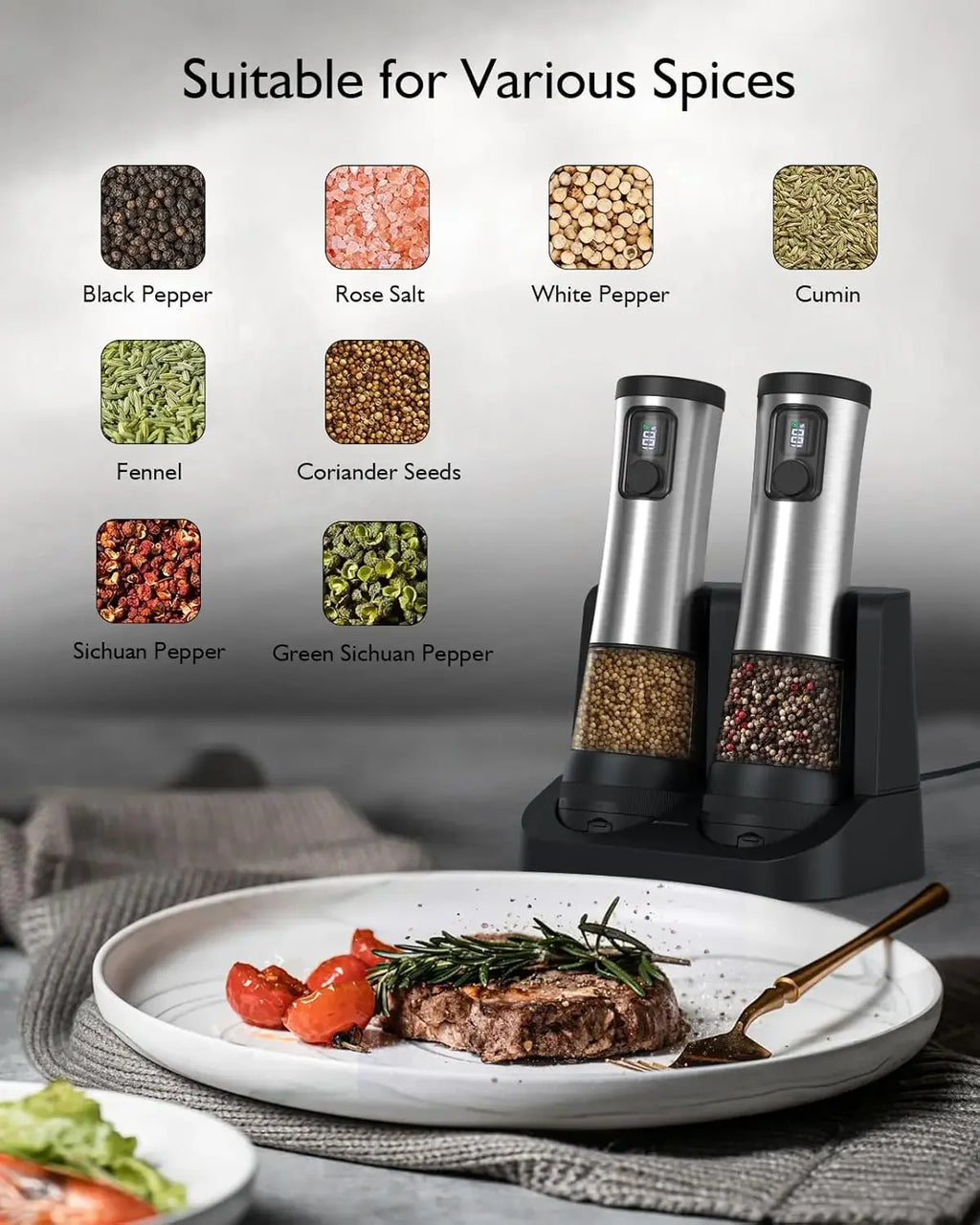 Salt and Pepper Mill 16.9 cm Electric Spice Mill with 5 Coarseness Levels and LED Light for Kitchen Use