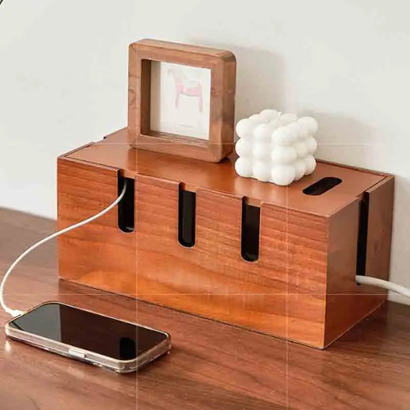 Cable Storage Box 30.5 cm Wooden Desktop Organiser with Lid for Power Cords and Charging Accessories