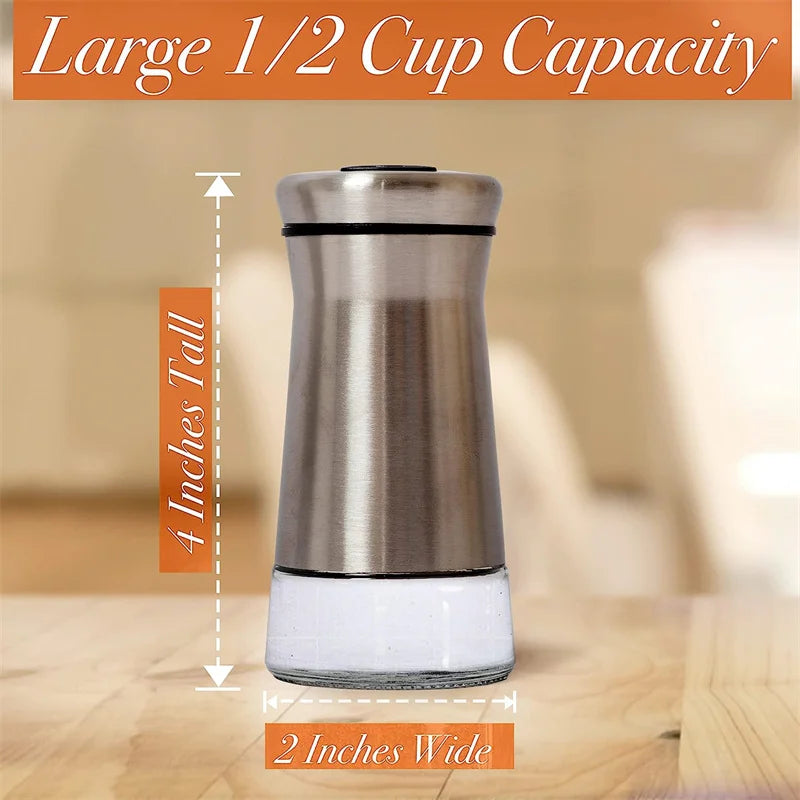 Glass Salt & Pepper Shakers Set Adjustable Pour Holes Stainless Steel Tops – Silver