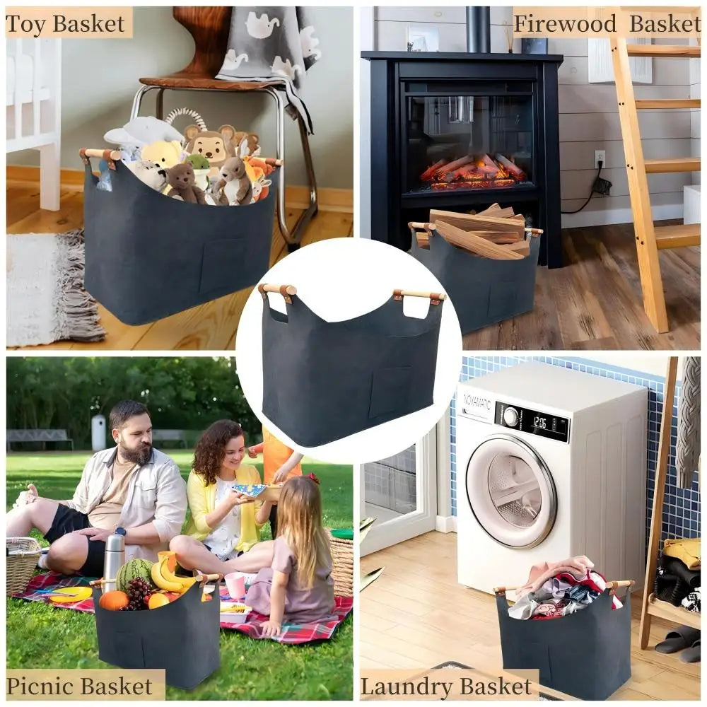 Firewood Basket Extra Large Foldable Felt Storage Tote Reinforced Carry Handles Multi Purpose - Red