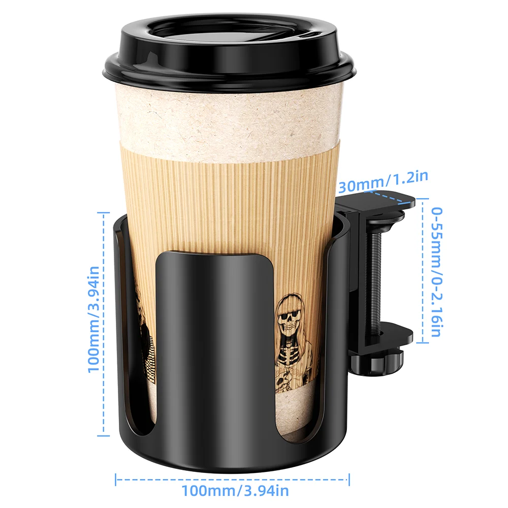 Clamp-On Desk Cup Holder No Drill Drink Cup Organizer for Coffee Mugs and Water Bottles – Black