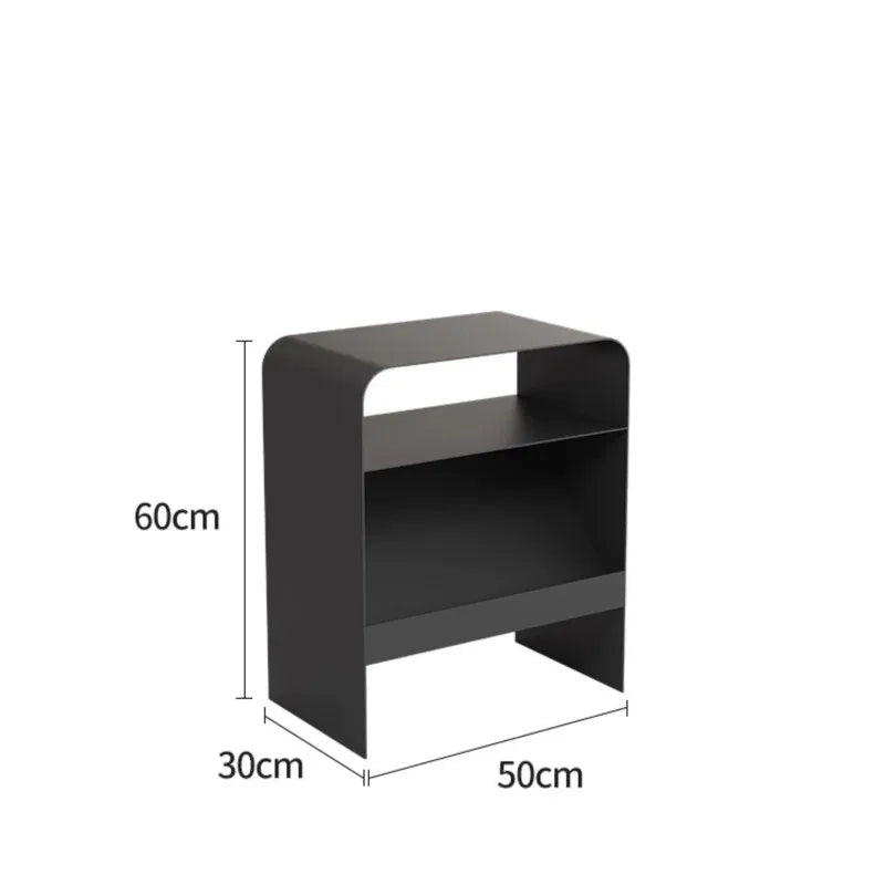 Side Table Iron Frame Built In Storage Rack Compact Bedside Table – Black
